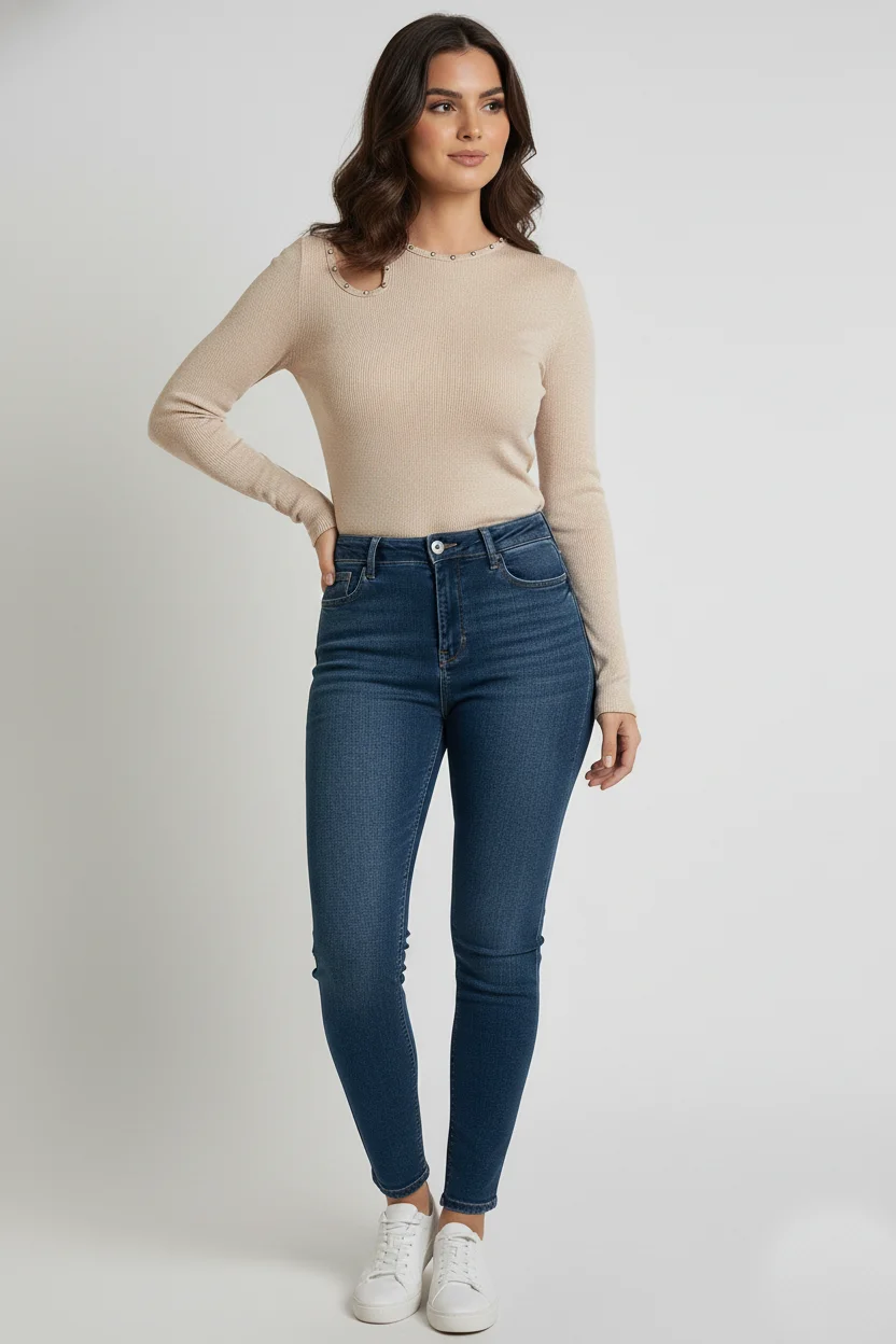 Bisiklet Yaka Cut Out kesimli Taşlı Fitilli Kaşkorse Bluz - Krem