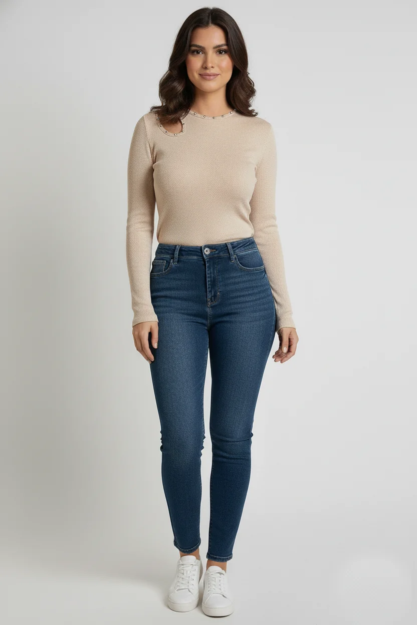 Bisiklet Yaka Cut Out kesimli Taşlı Fitilli Kaşkorse Bluz - Krem