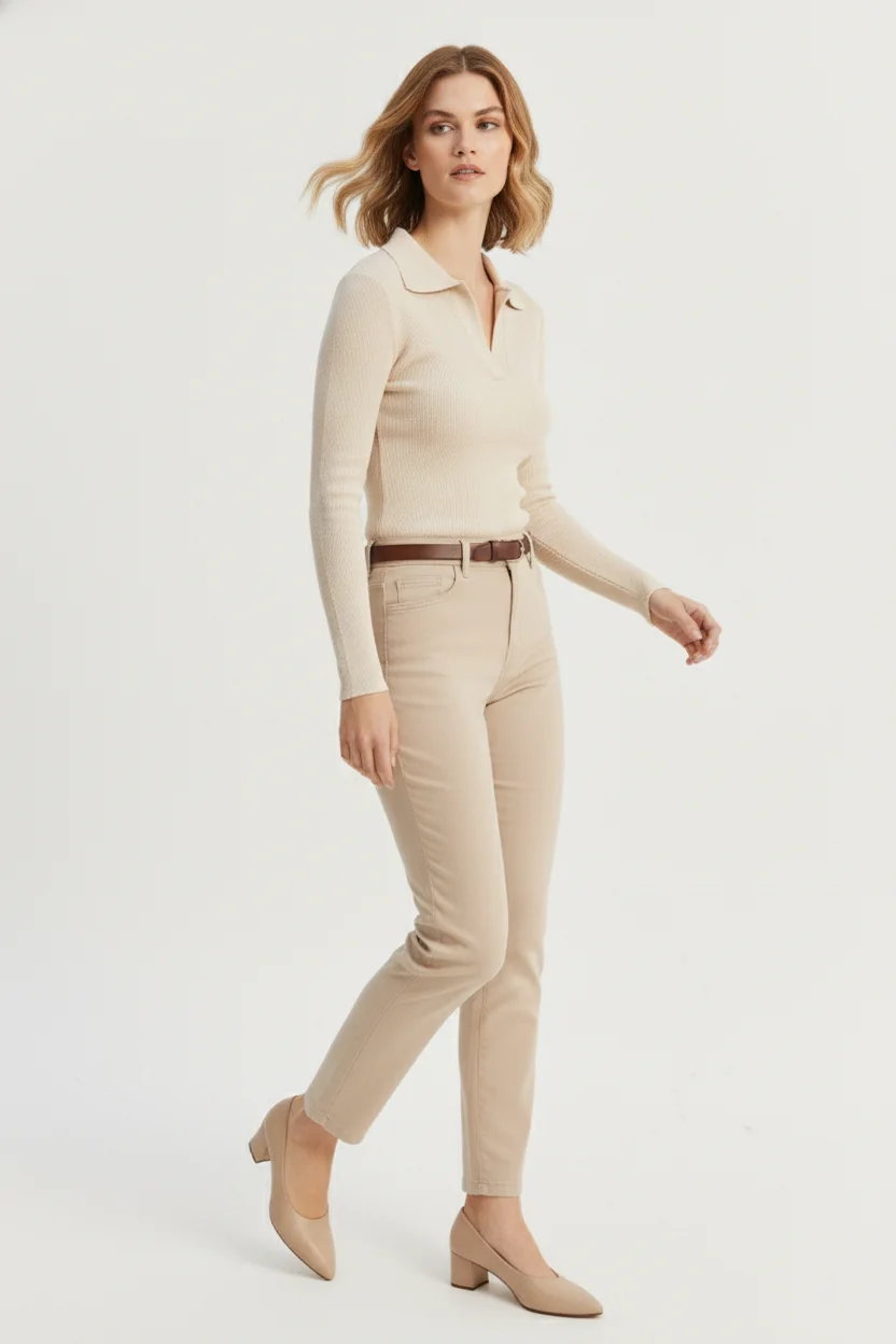 Polo Yaka Kaşkorse Bluz - Krem