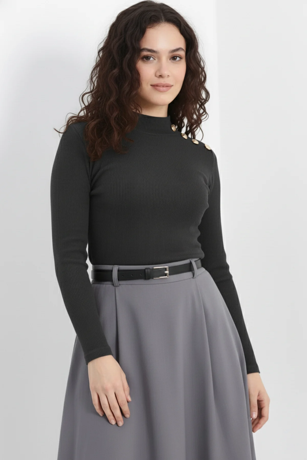 Gold Düğmeli Balıkçı Yaka Fitilli Kaşkorse Bluz - Antrasit