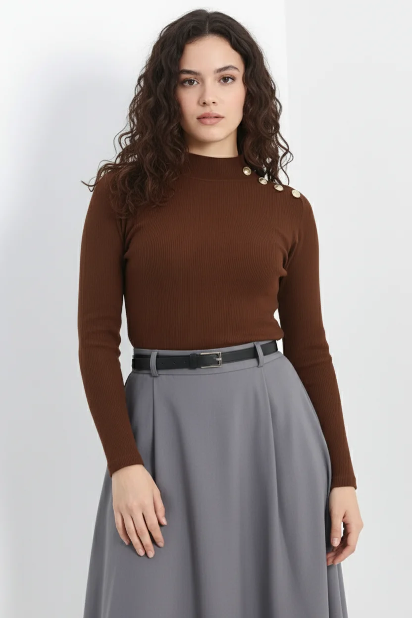 Gold Düğmeli Balıkçı Yaka Fitilli Kaşkorse Bluz -  Açık Kahve