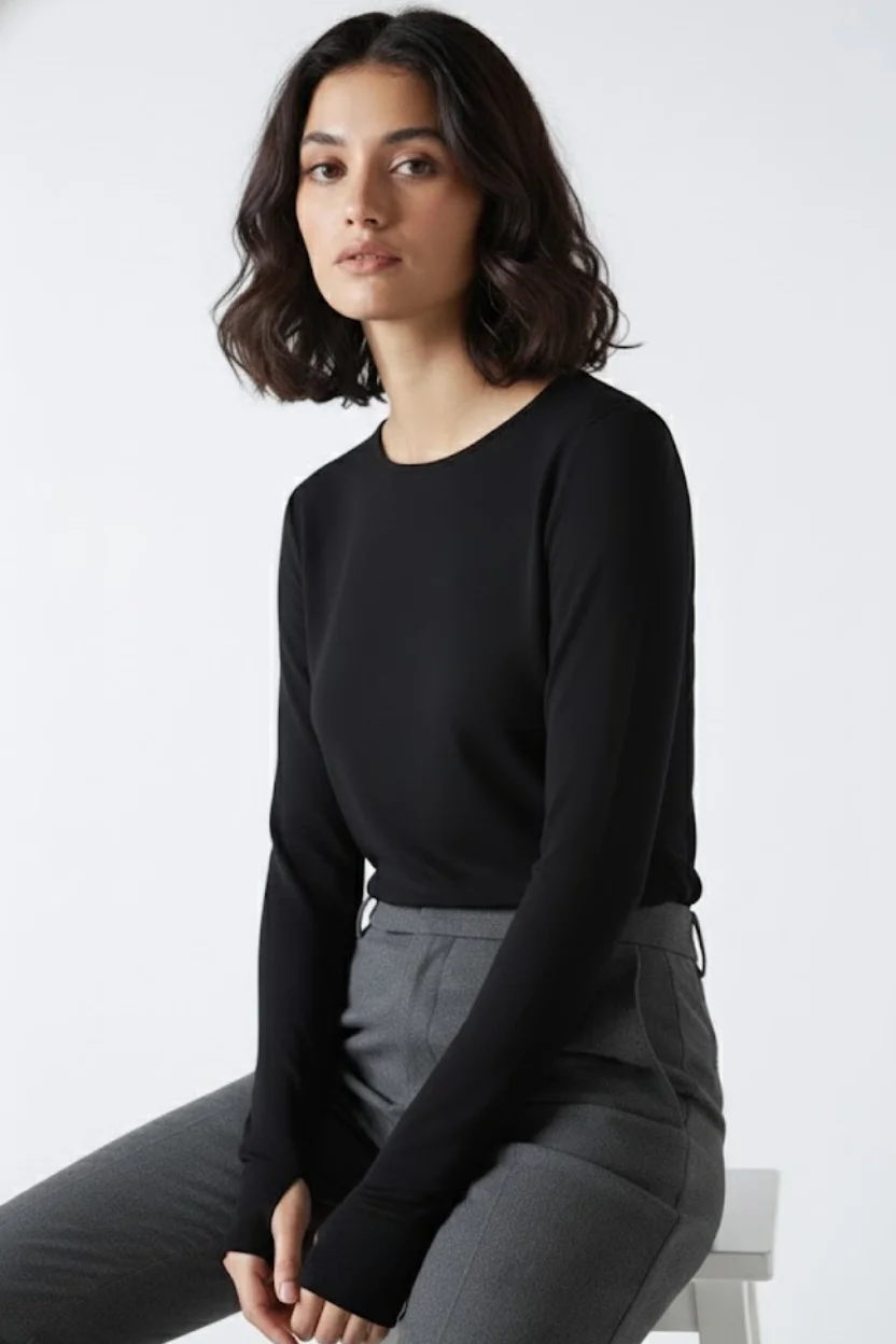 Bisiklet Yaka Parmak Geçmeli Viskon Body - Siyah