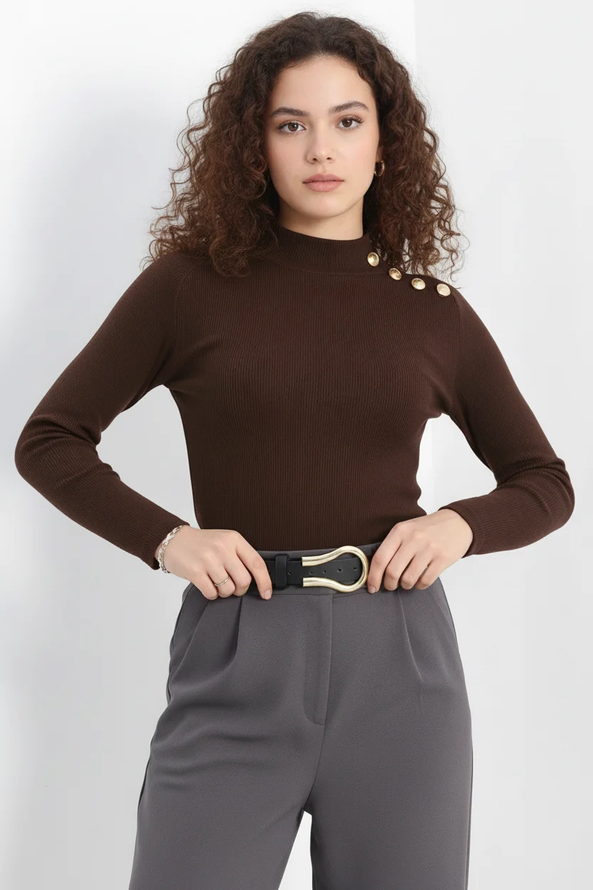 Gold Düğmeli Balıkçı Yaka Fitilli Kaşkorse Bluz – Kahverengi