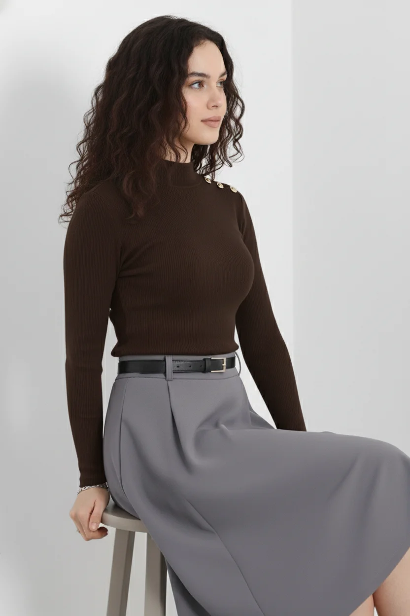 Gold Düğmeli Balıkçı Yaka Fitilli Kaşkorse Bluz – Kahverengi