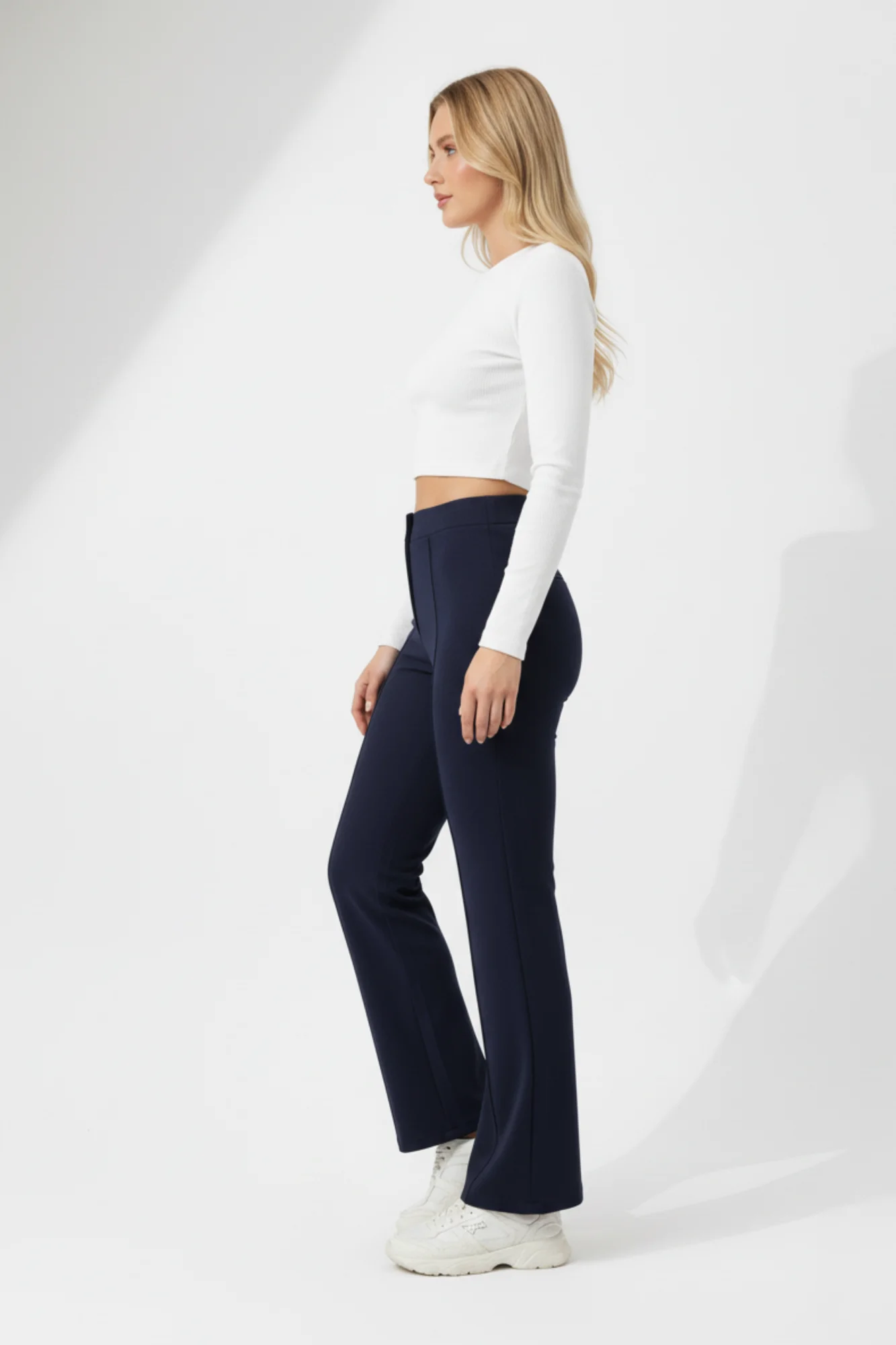 Kadın Yüksek Bel Toparlayıcı Çıma Detaylı Scuba Krep Palazzo İspanyol Paça Pantolon - Lacivert