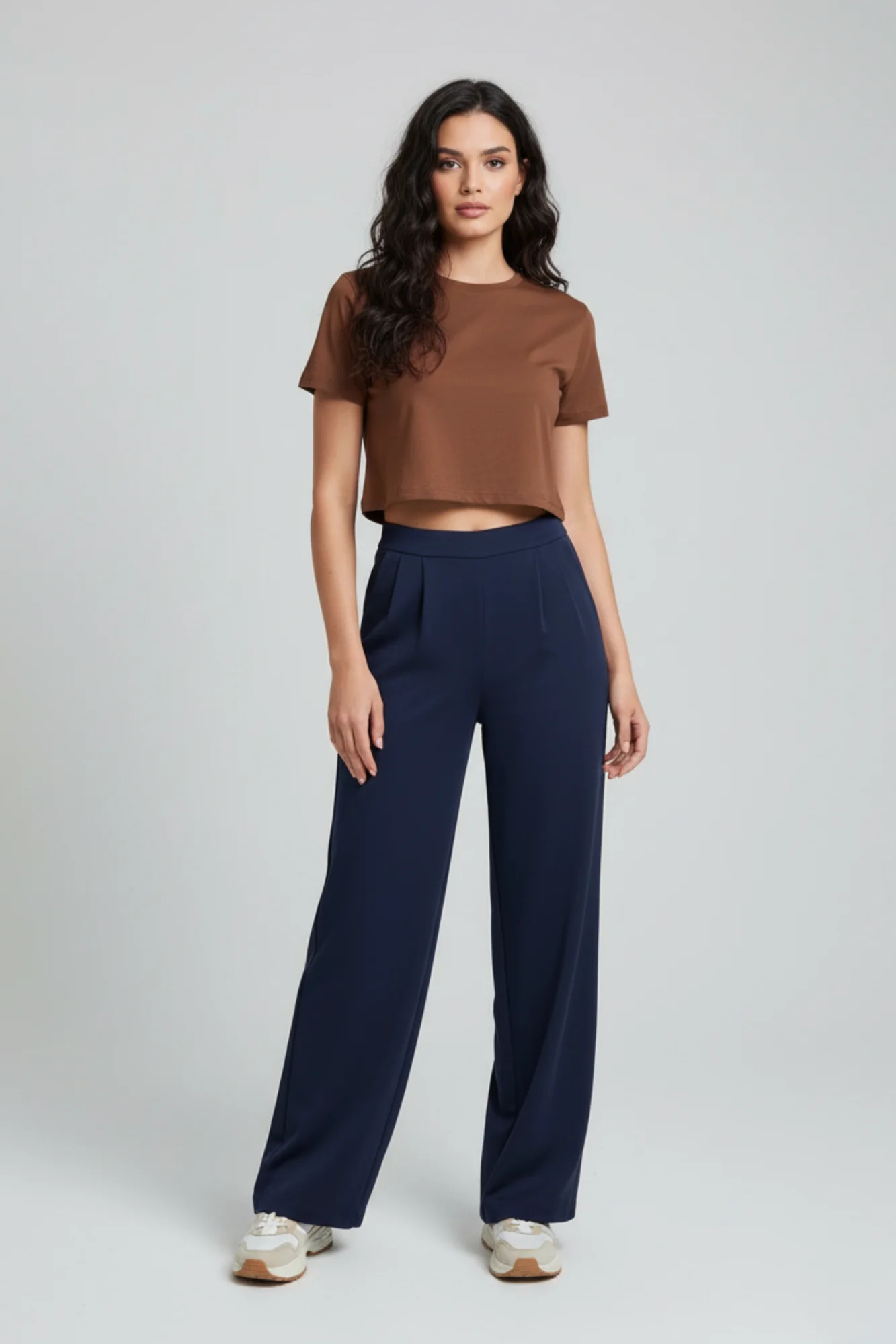 Kadın Yüksek Bel Pensli Krep Palazzo Pantolon – Lacivert