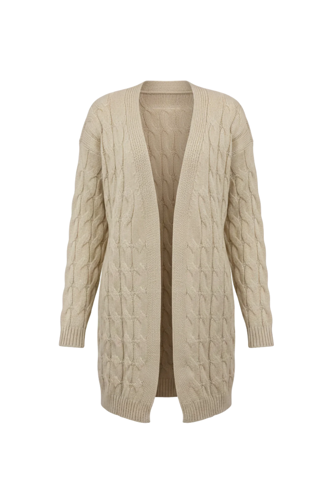 Kadın Bej Uzun Oversize Triko Hırka – Burgulu Örgü Desenli