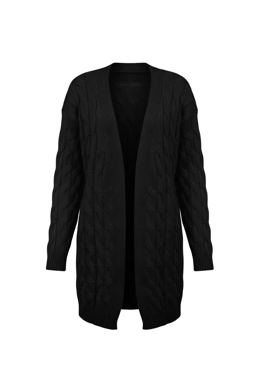 Kadın Siyah Uzun Oversize Triko Hırka – Burgulu Örgü Desenli