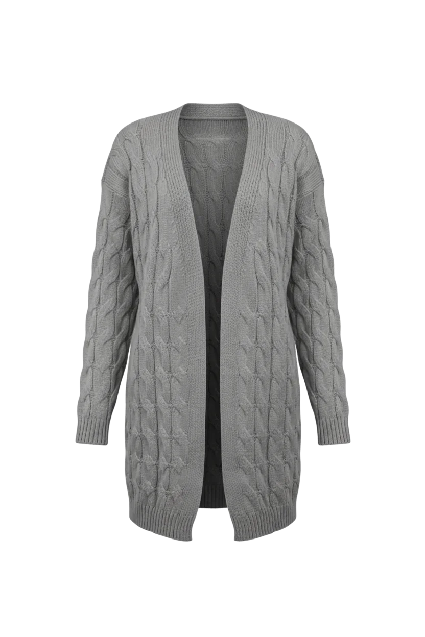 Kadın Gri Uzun Oversize Triko Hırka – Burgulu Örgü Desenli