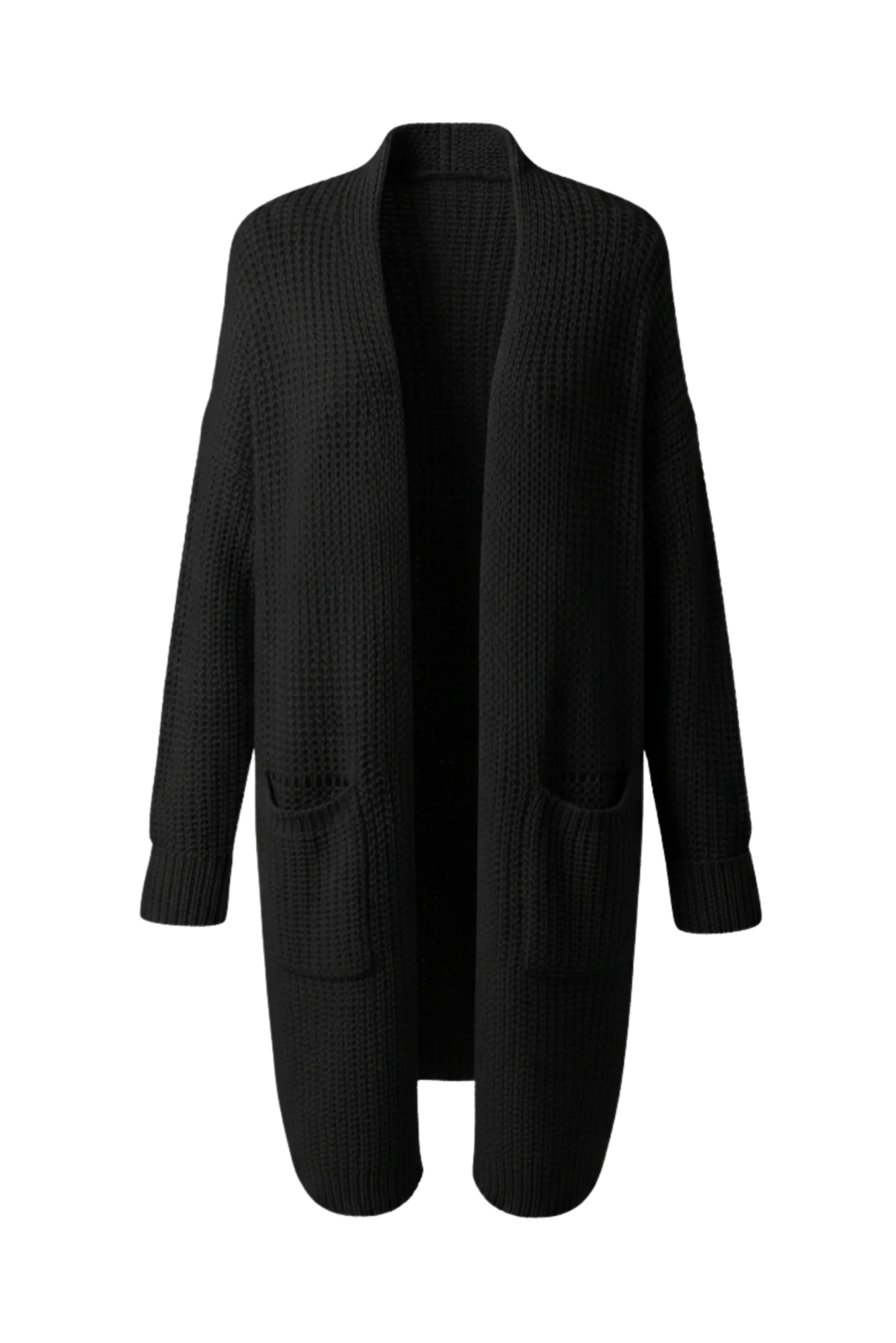 Kadın Siyah Uzun Oversize Örgü Hırka – Cepli Kalın Triko