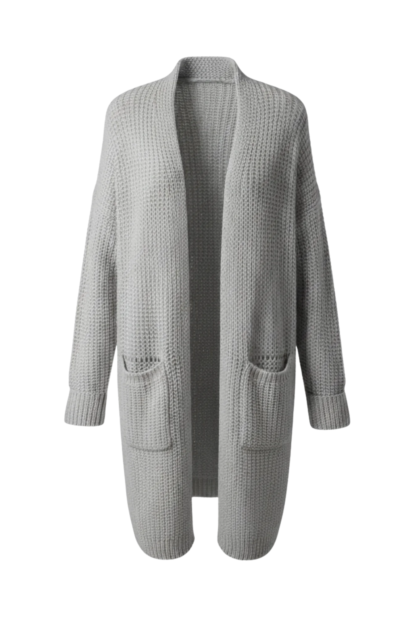 Kadın Gri Uzun Oversize Örgü Hırka – Cepli Kalın Triko