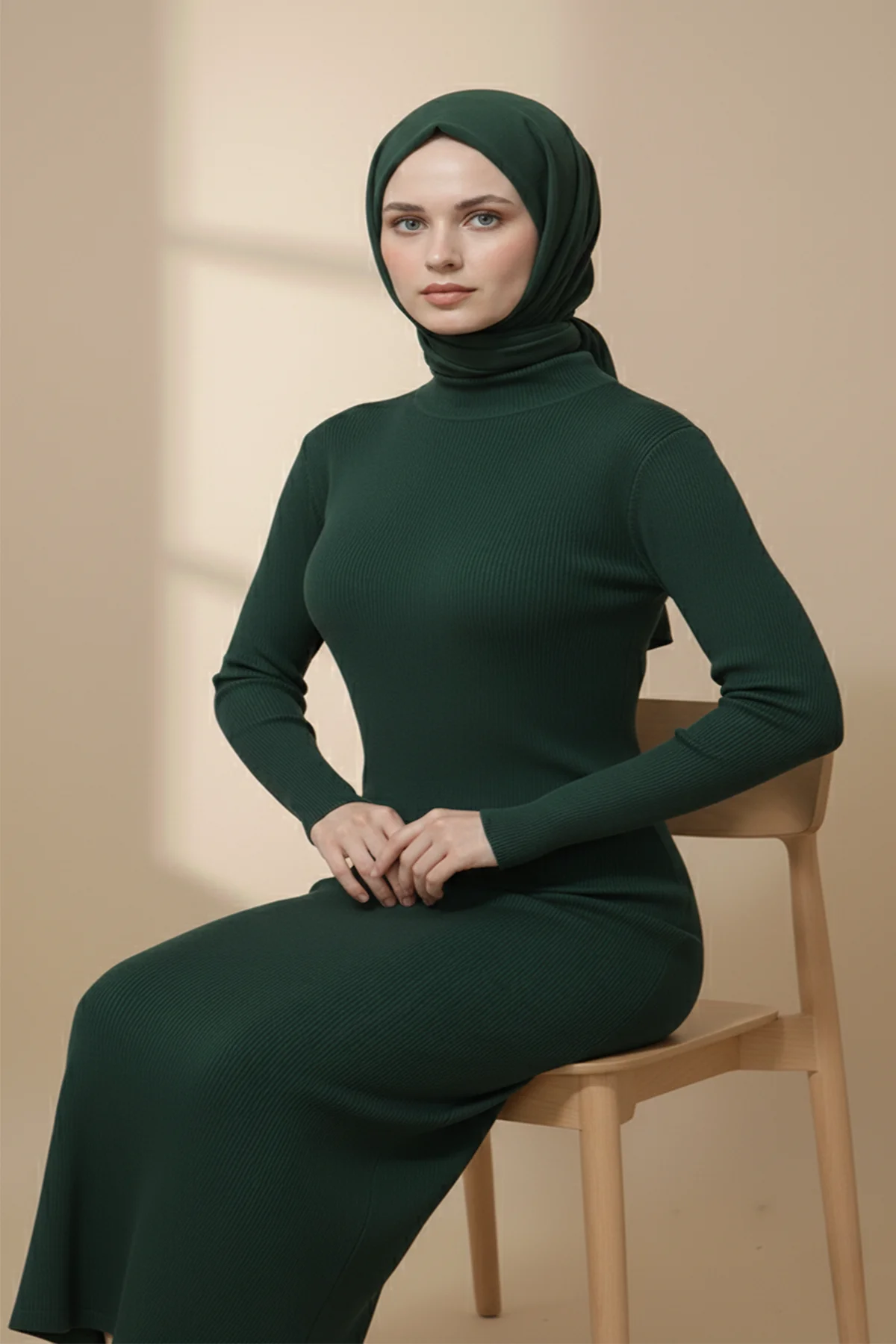 Balıkçı Yaka Yeşil Uzun Tesettür Elbise