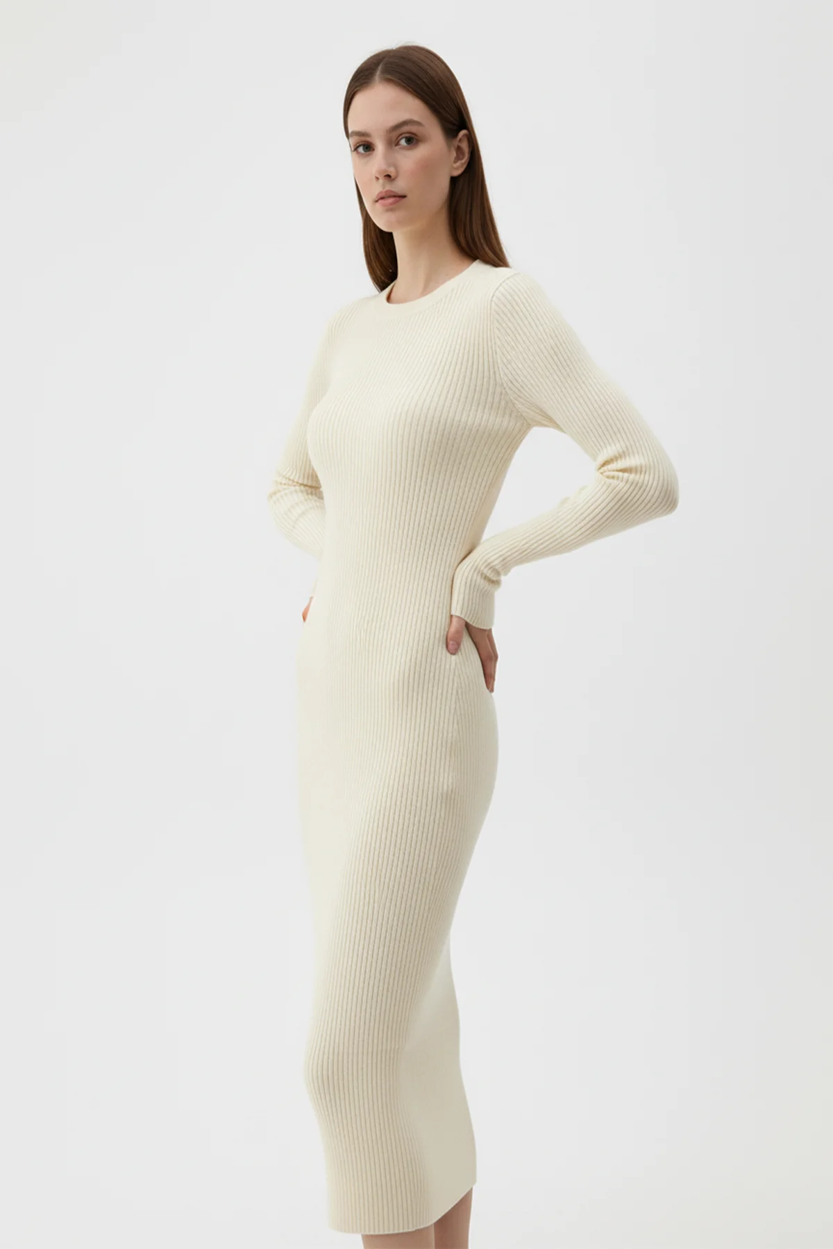 Kadın Bisiklet Yaka Uzun Elbise - Bej