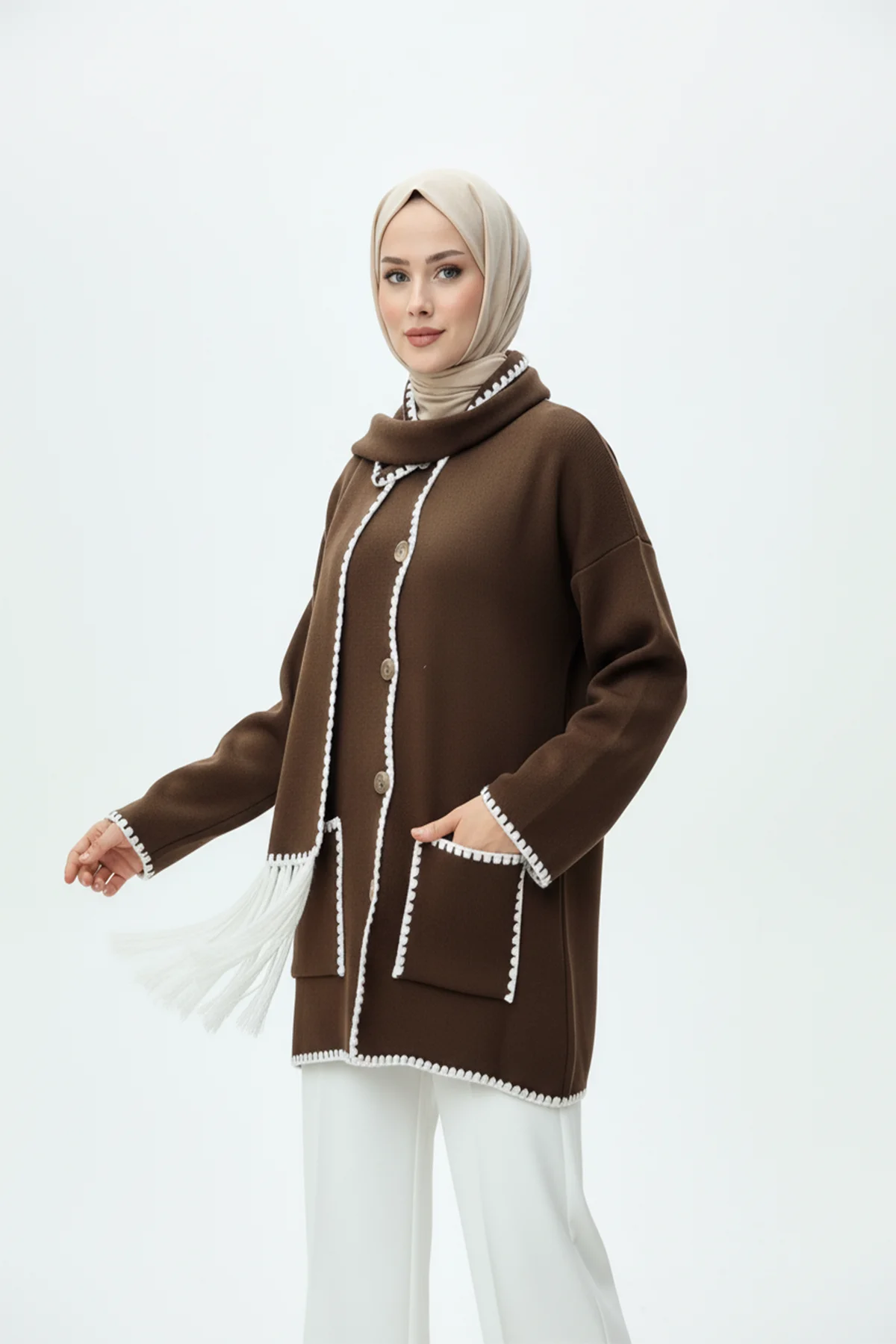 Kadın Nakış Detaylı Atkılı Yumuşak Ceket - Kahverengi