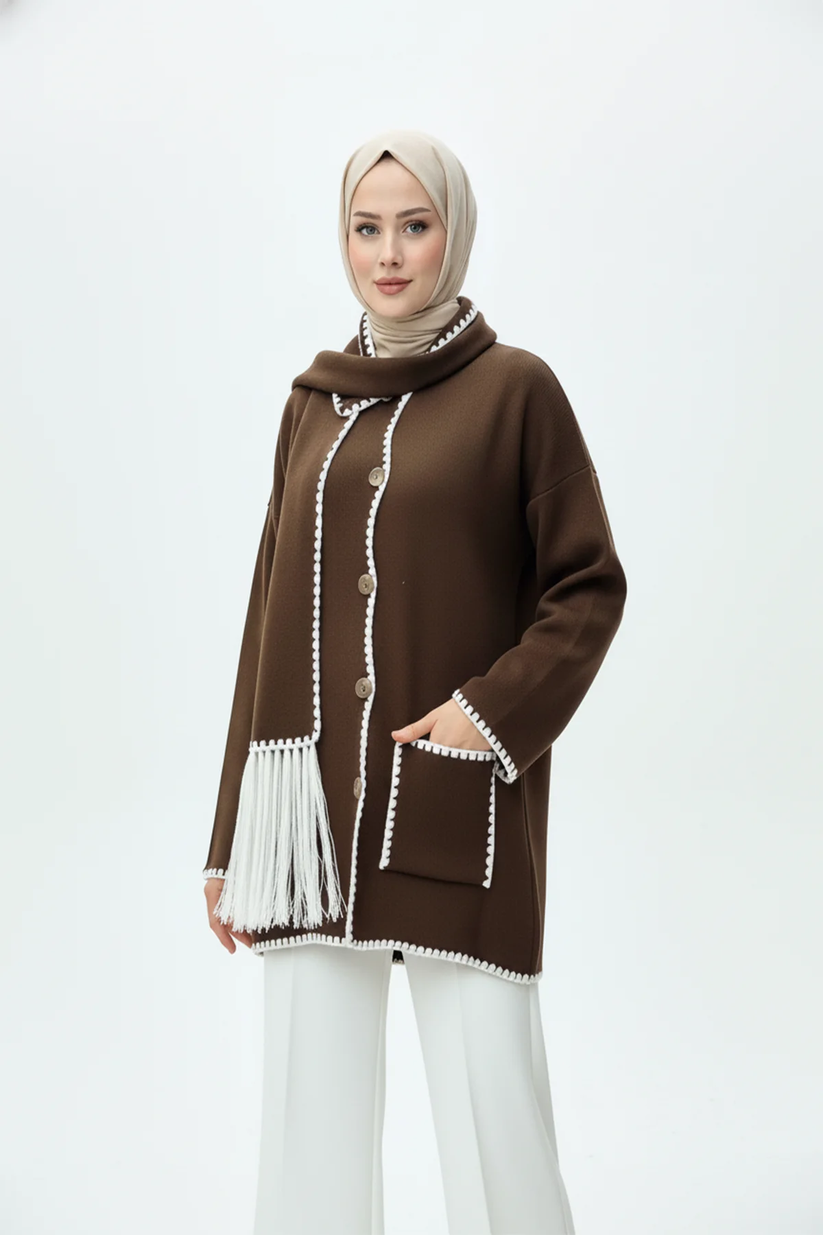 Kadın Nakış Detaylı Atkılı Yumuşak Ceket - Kahverengi