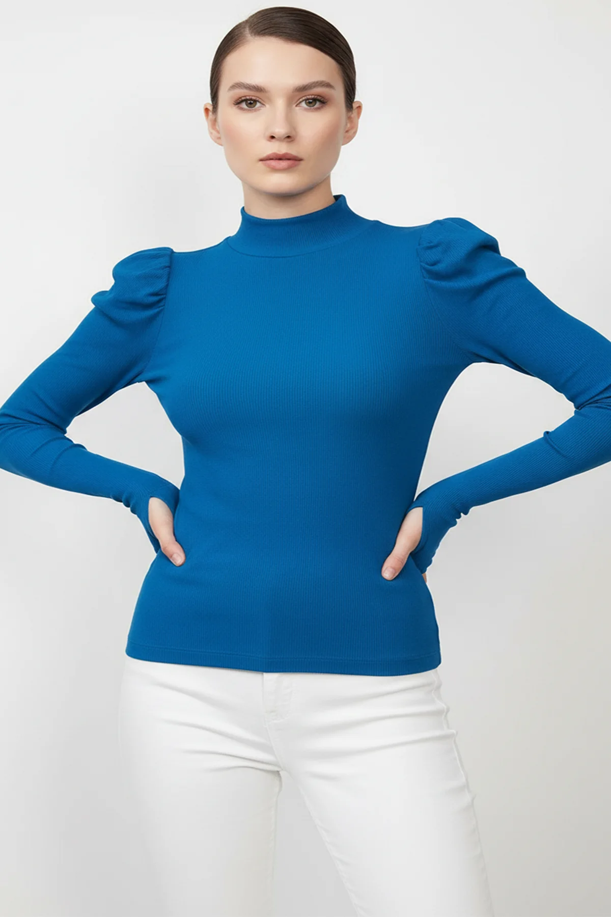 Balıkçı Yaka Parmak Geçmeli Kaşkorse Prenses Kol Bluz - Saks Mavi