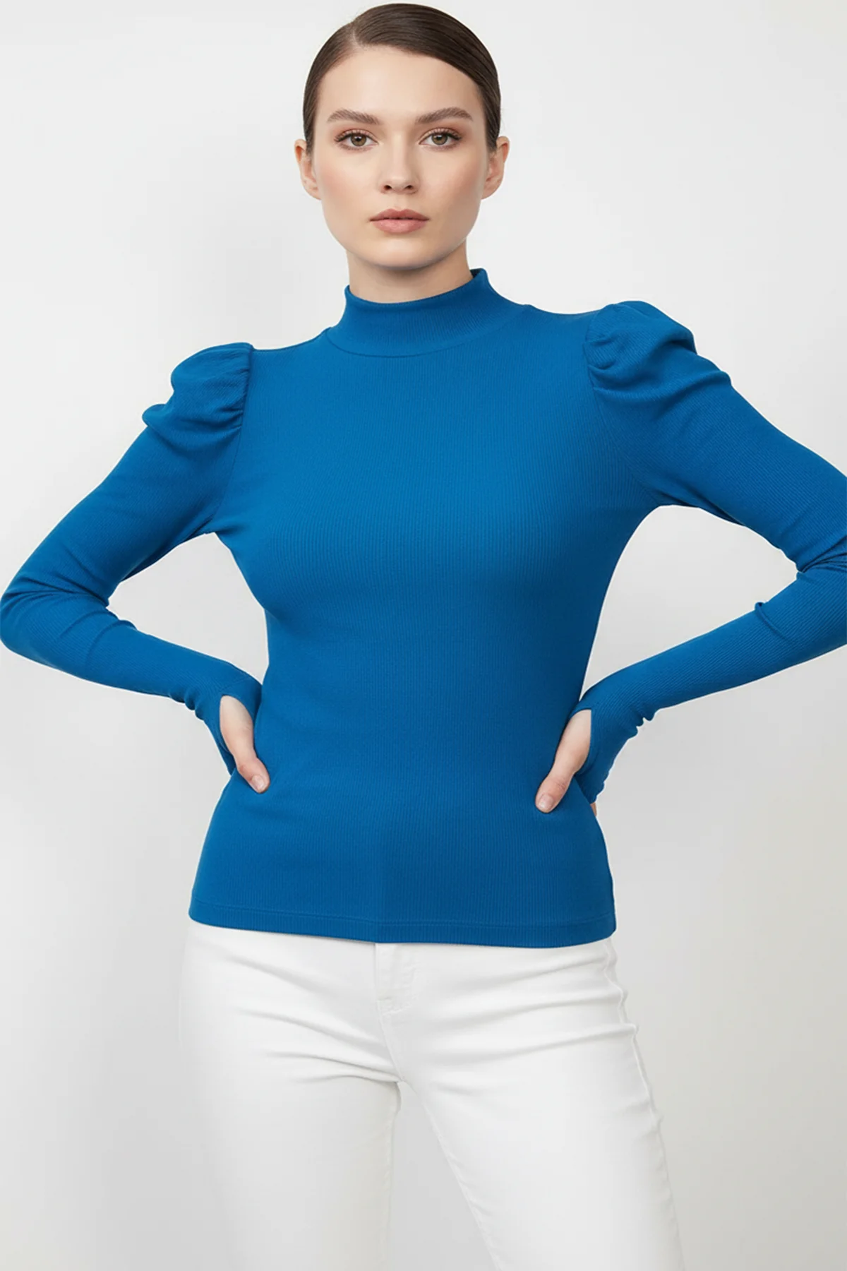 Balıkçı Yaka Parmak Geçmeli Kaşkorse Prenses Kol Bluz - Saks Mavi