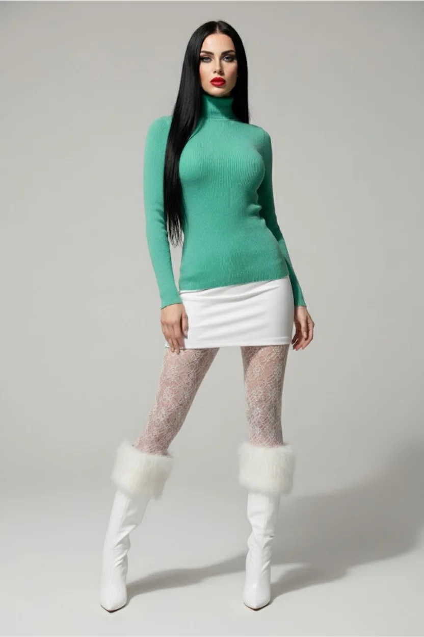 Mint Yeşili Fitilli Balıkçı Yaka Kadın Triko Kazak