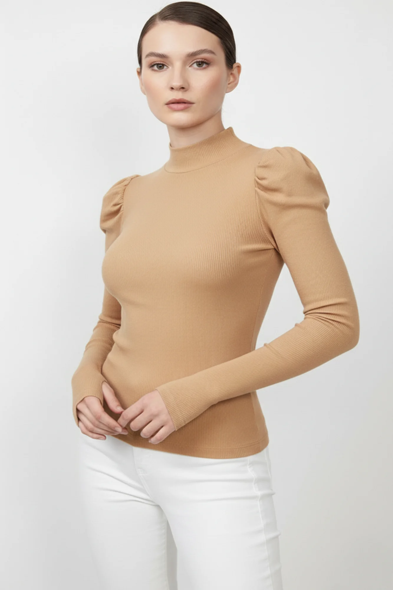 Balıkçı Yaka Parmak Geçmeli Kaşkorse Prenses Kol Bluz - Camel