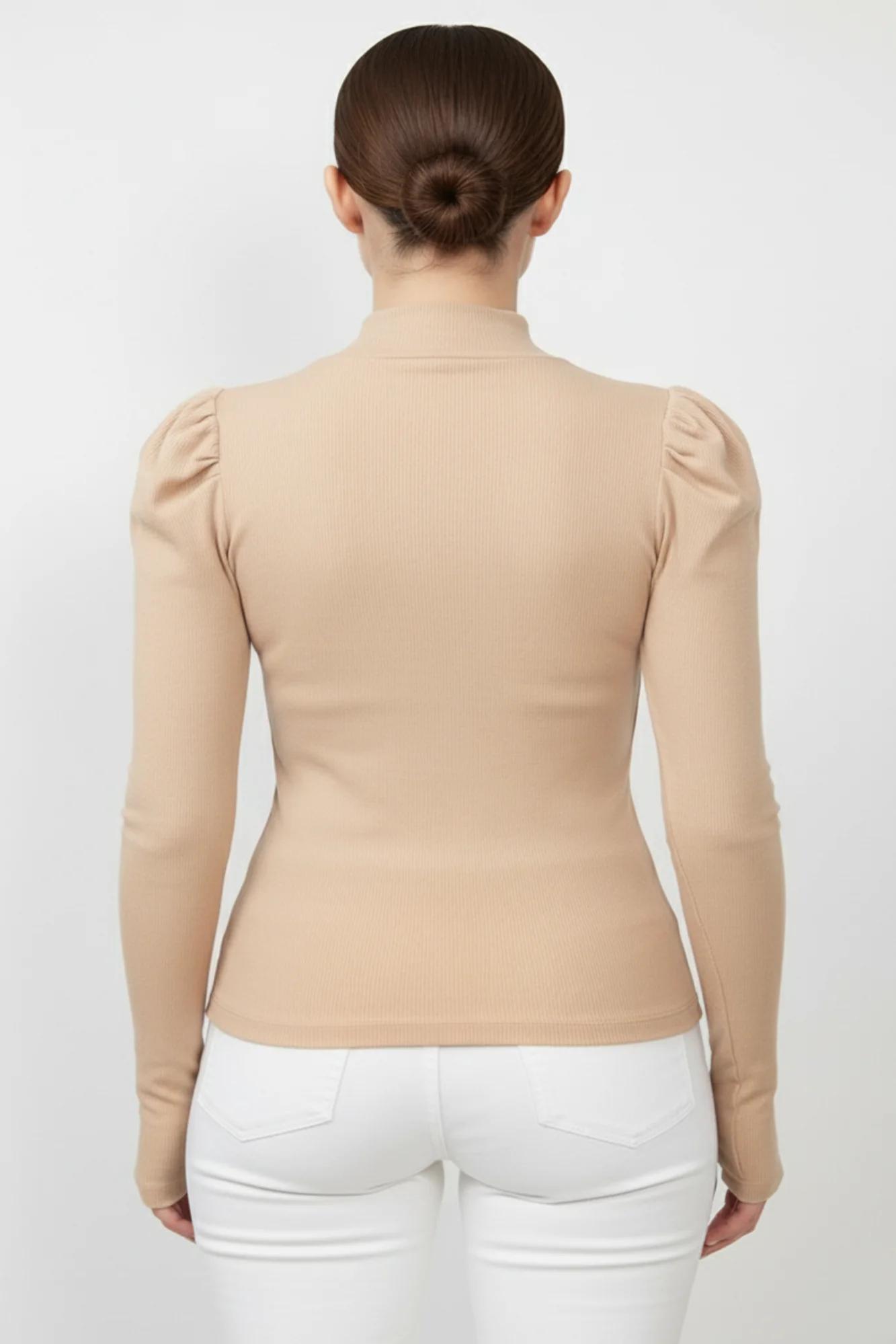 Balıkçı Yaka Parmak Geçmeli Kaşkorse Prenses Kol Bluz - Camel