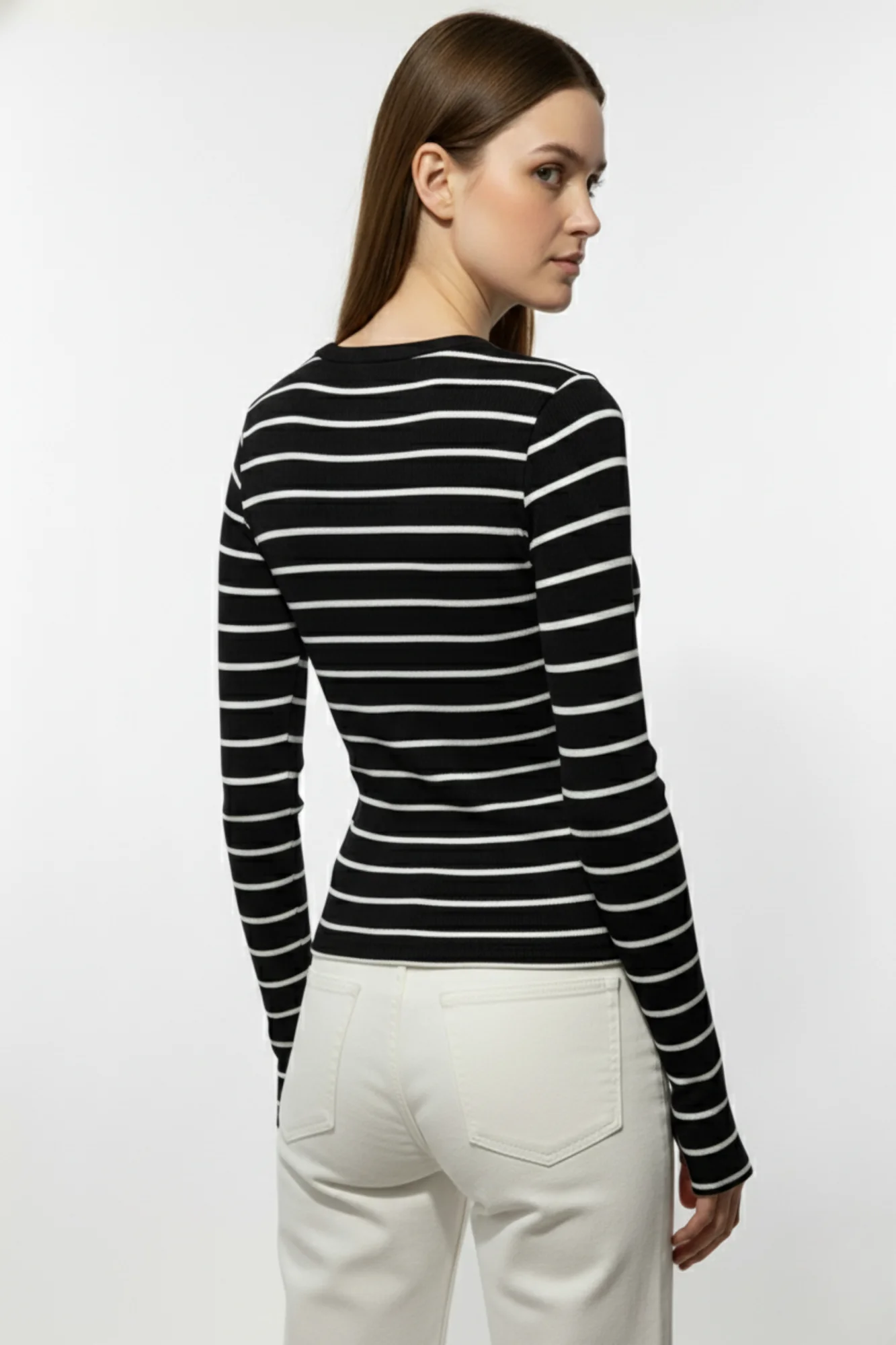 Kadın Siyah Çizgili Parmak Geçmeli Bluz