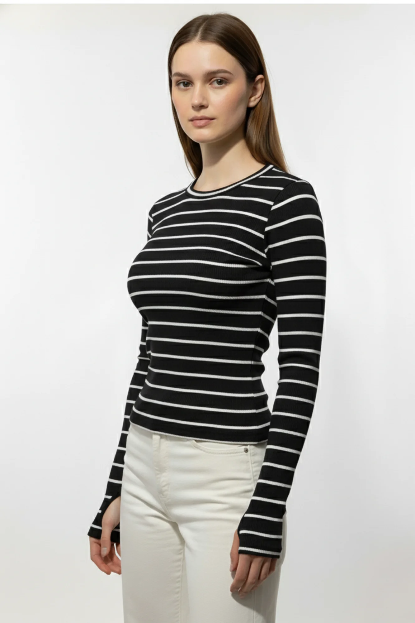 Kadın Siyah Çizgili Parmak Geçmeli Bluz