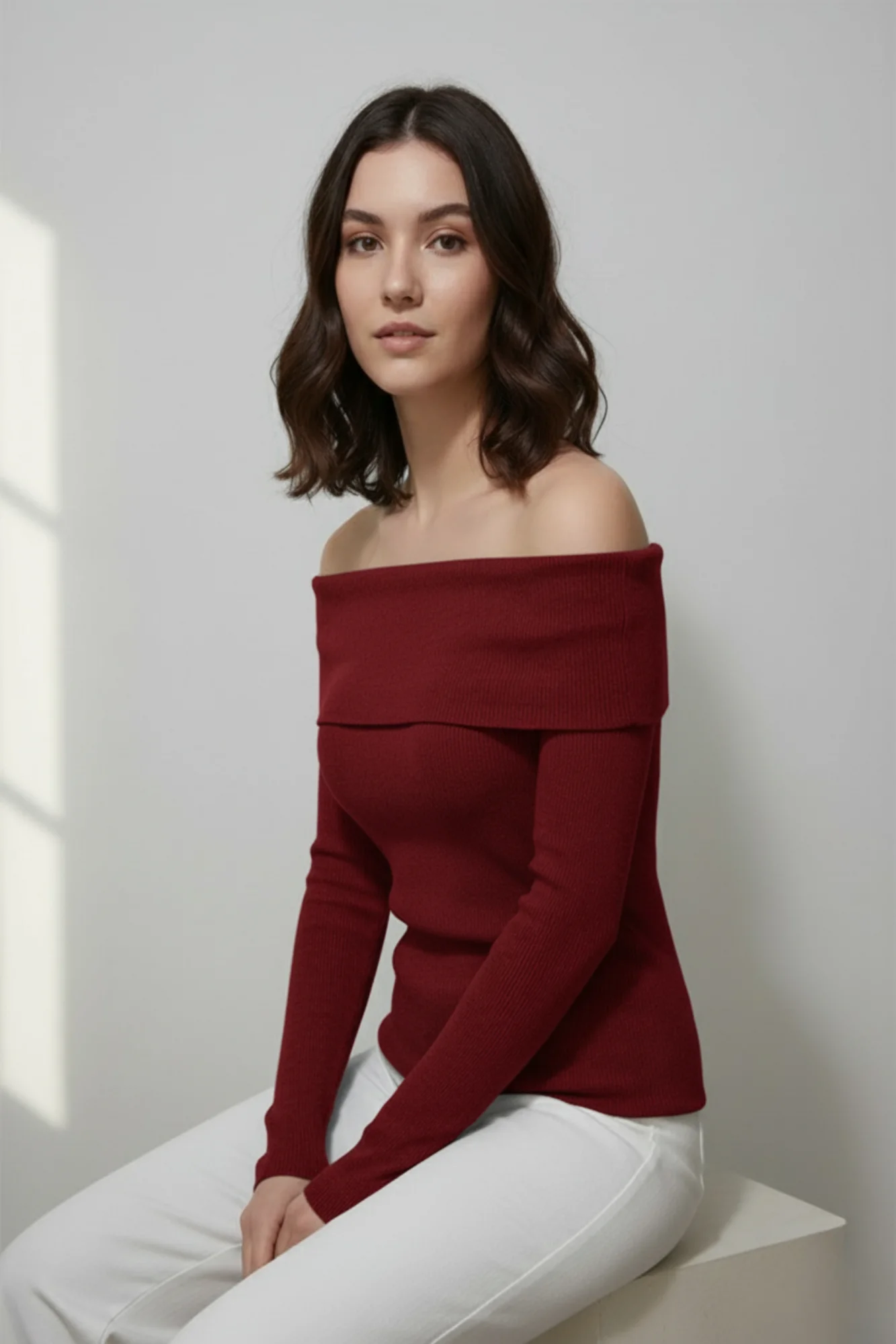 Kadın Madonna Yaka Şardonlu Kırmızı  Bluz