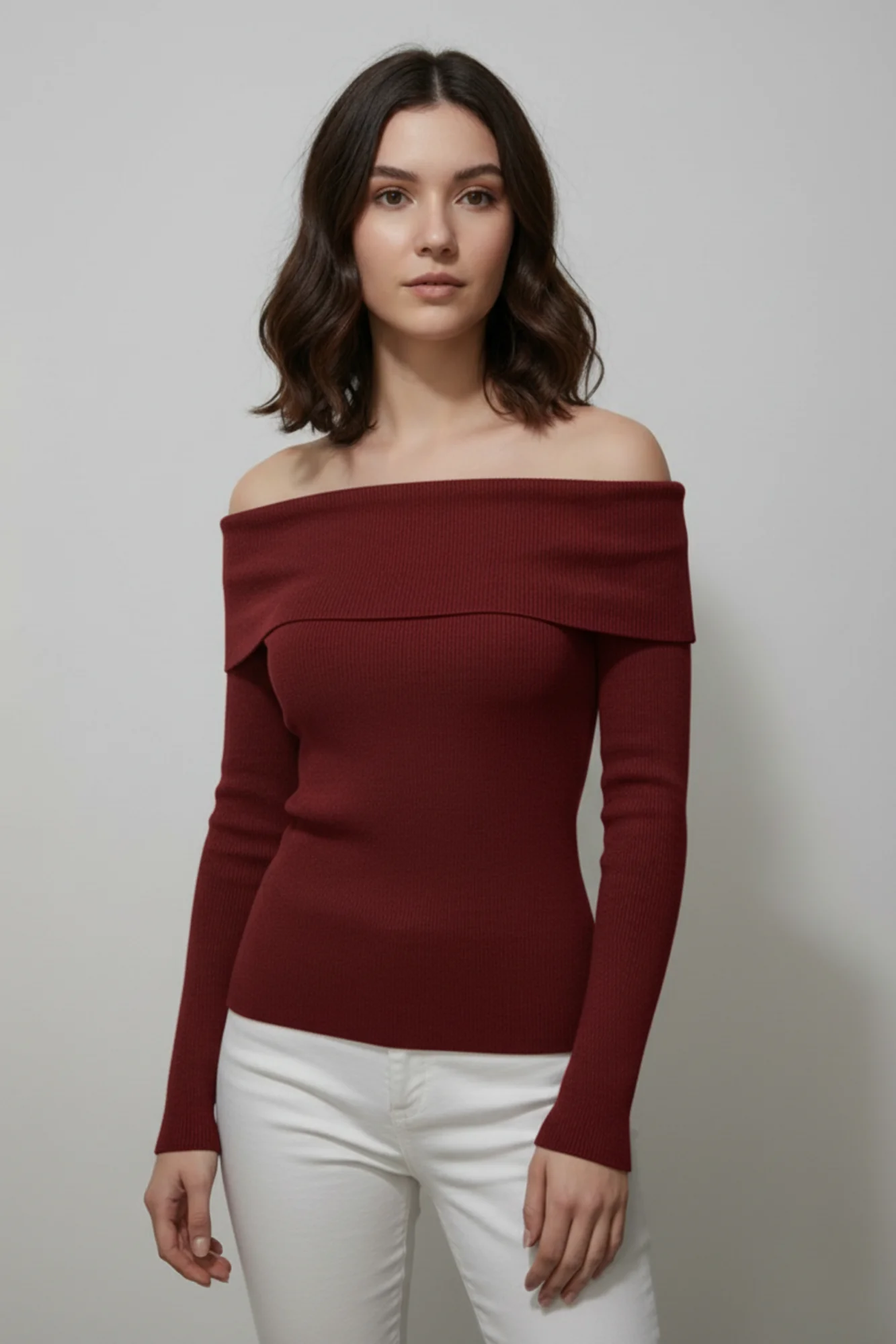 Kadın Madonna Yaka Şardonlu Kırmızı  Bluz