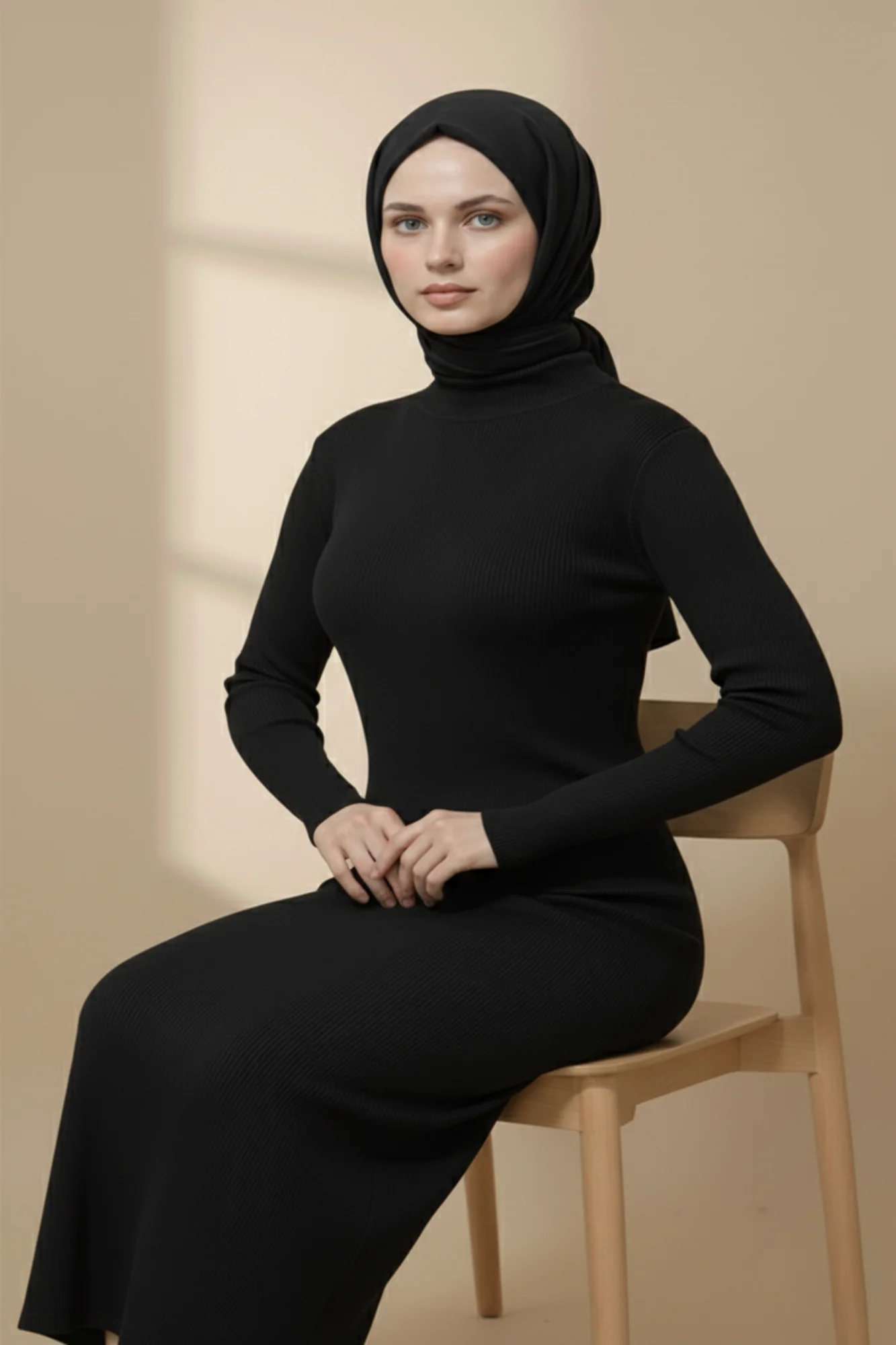 Balıkçı Yaka Siyah Uzun Elbise Tesettür