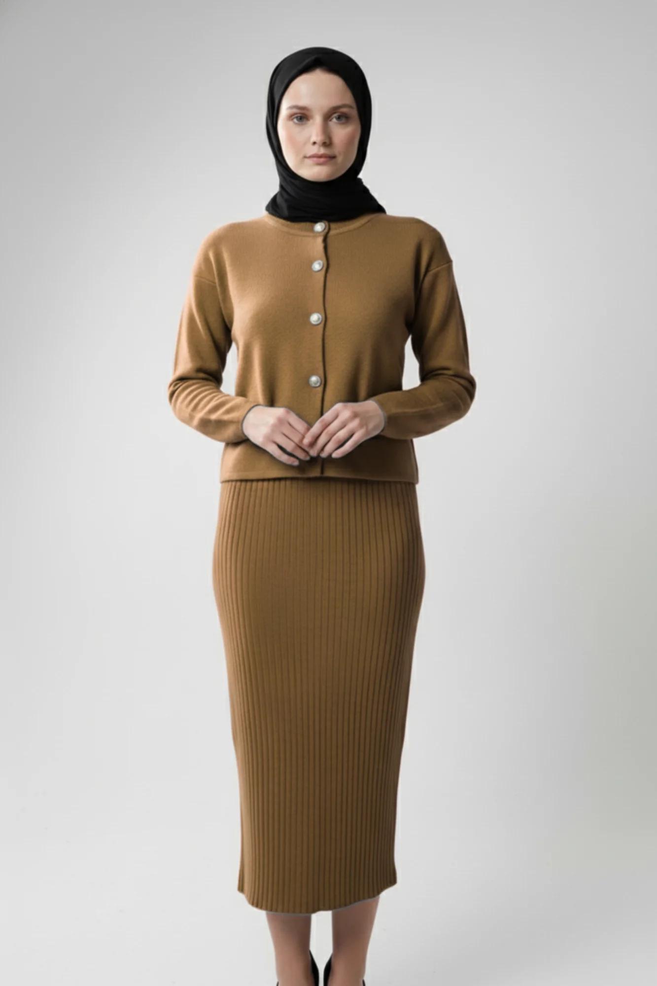 Kadın Kiremit Hırka Elbise İkili Takım