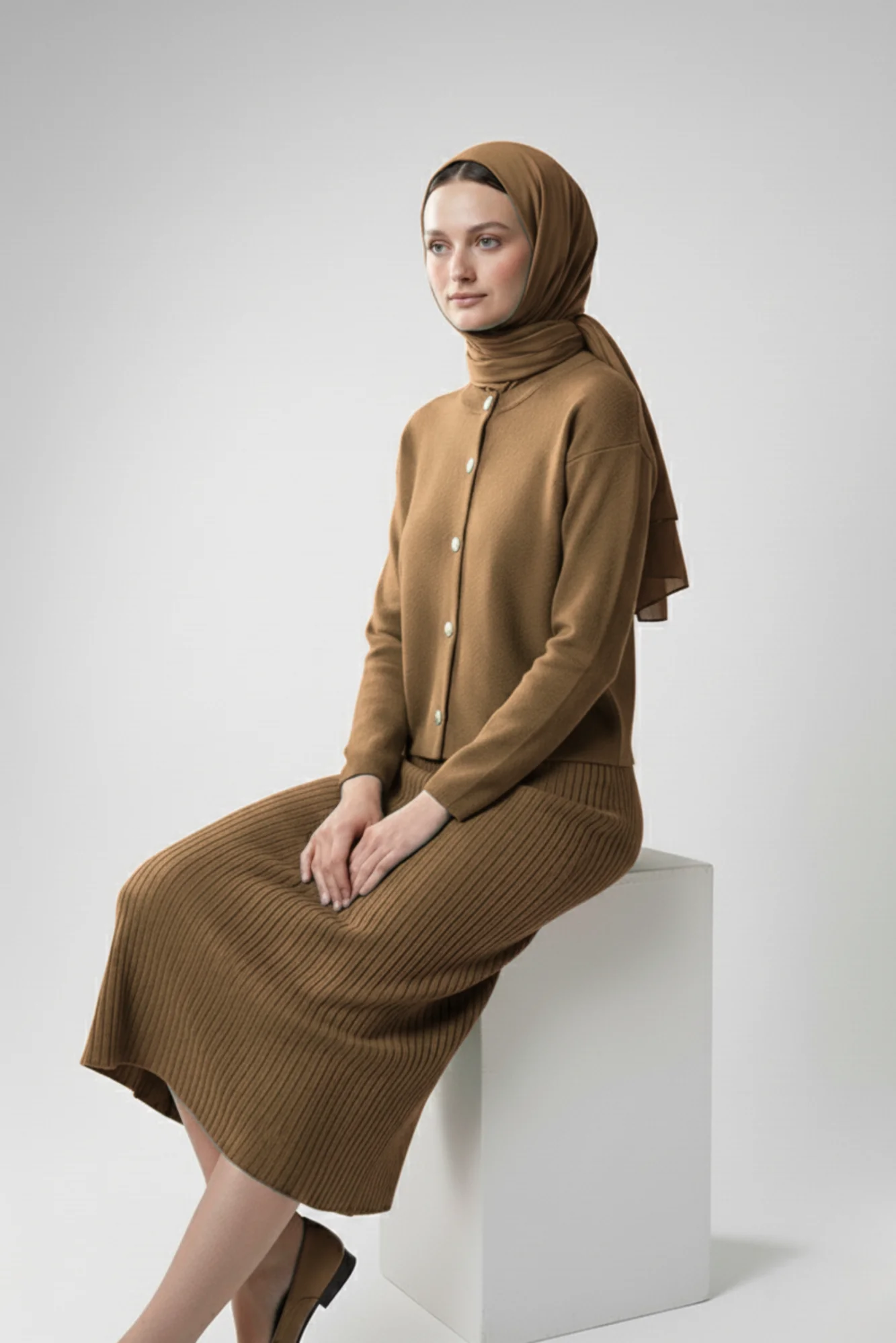 Kadın Kiremit Hırka Elbise İkili Takım