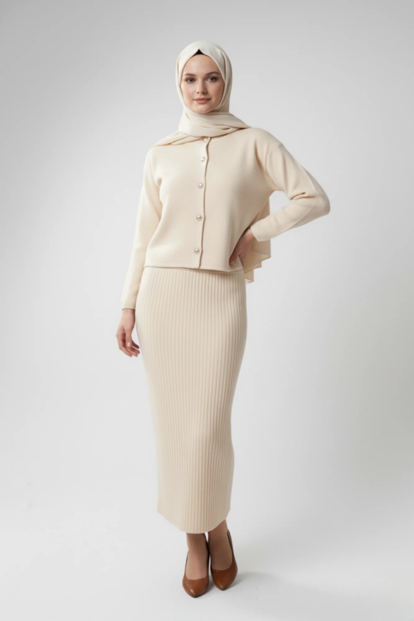 Kadın  Krem Hırka Elbise İkili Takım