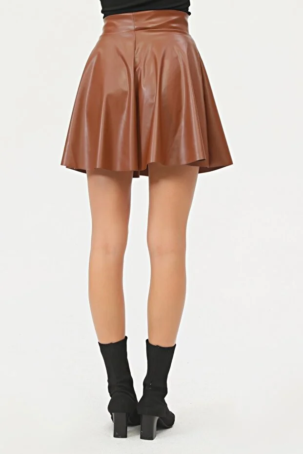 Kadın Mini Kloş Taba Renkli Suni Deri Etek