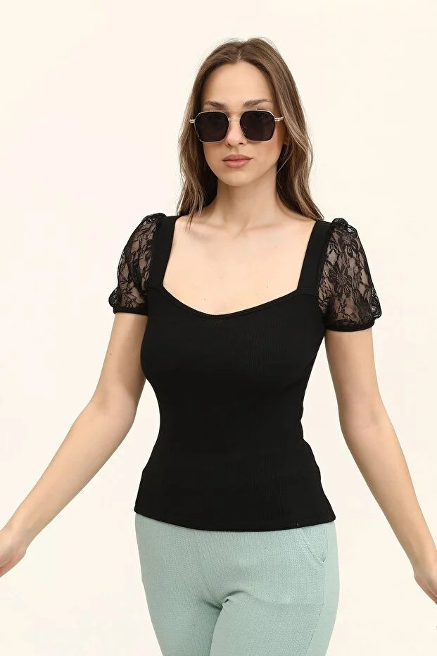 Kadın Siyah Oval Yaka Kollar Dantel Örme Bluz