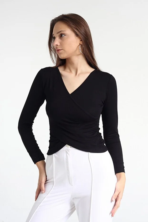 Kadın Siyah Viskon Ön Çapraz Kapama Bluz