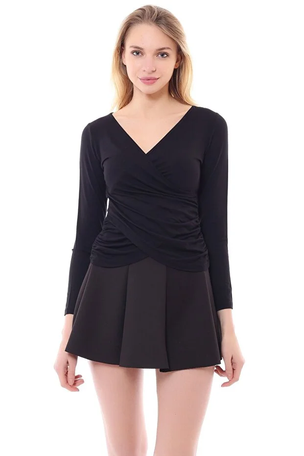 Kadın Siyah Viskon Ön Çapraz Kapama Bluz