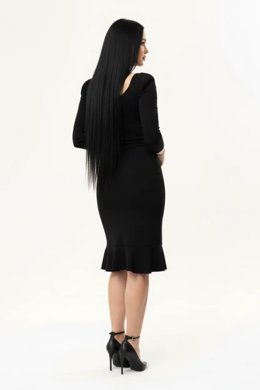 Kadın Siyah Balon Kol Eteği Volanlı Elbise