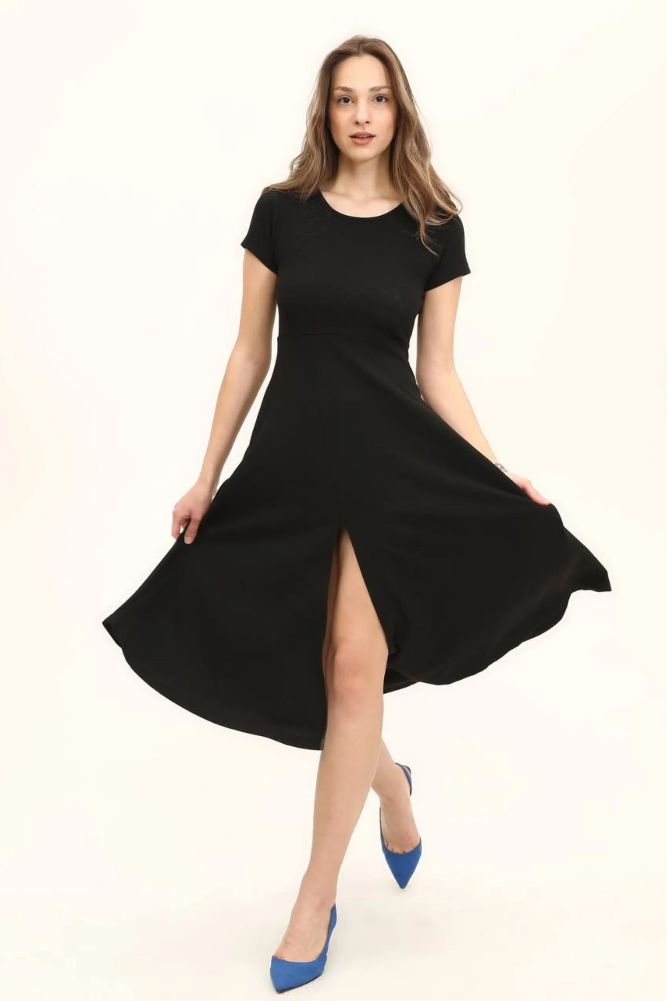 Kadın Renkli Belden Oturma Eteği Yırtmaçlı Salaş Elbise