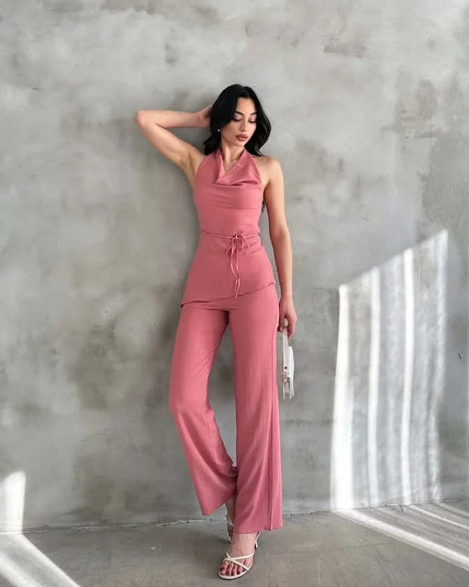 Kadın Gül Kurusu Degaje Yaka Bluz ve Pantolon İkili Takım