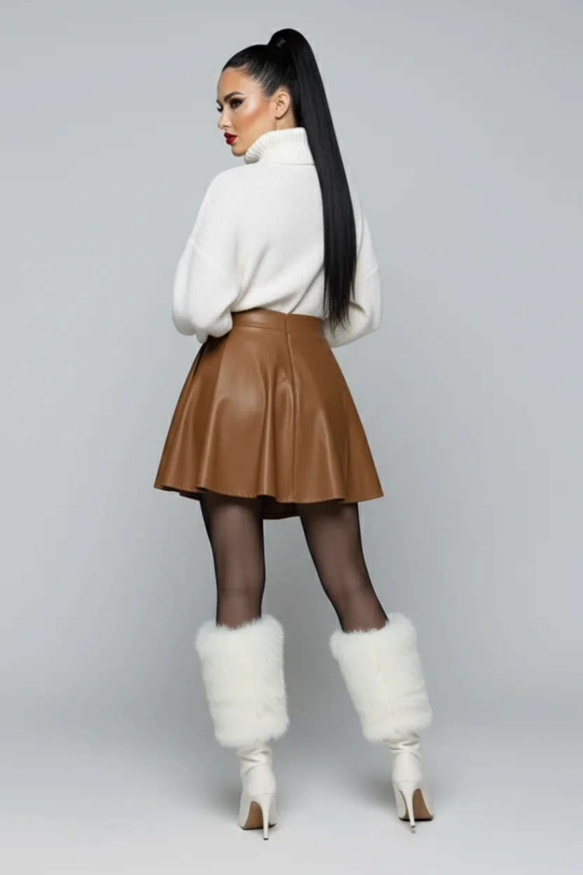 Kadın Taba Deri Pileli Etek