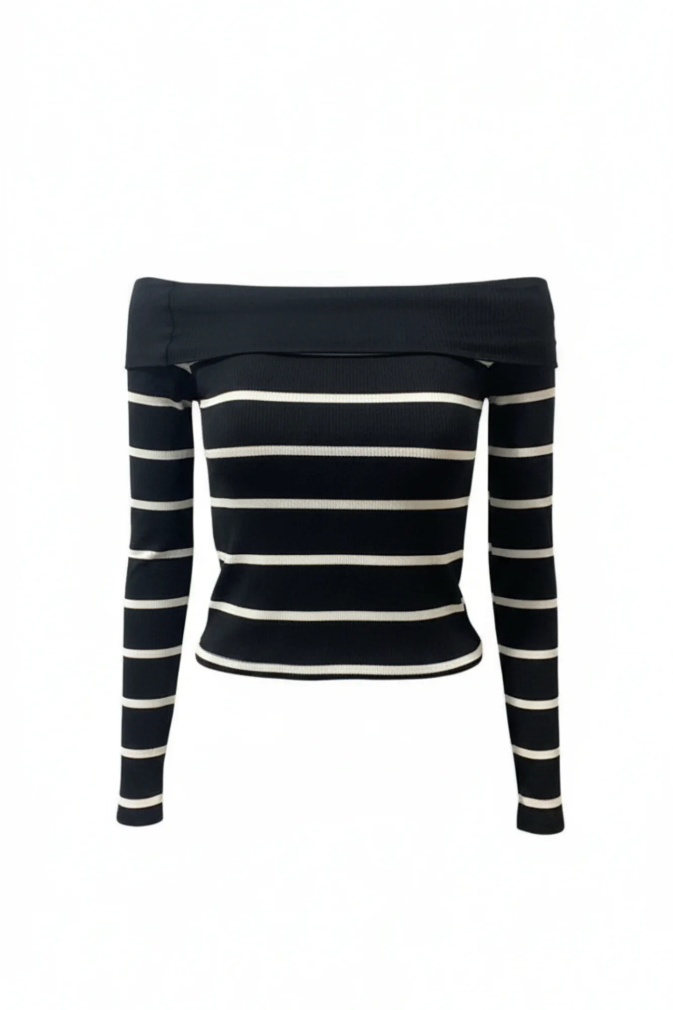 Kadın Siyah - Beyaz Çizgili Madonna Yaka Bluz
