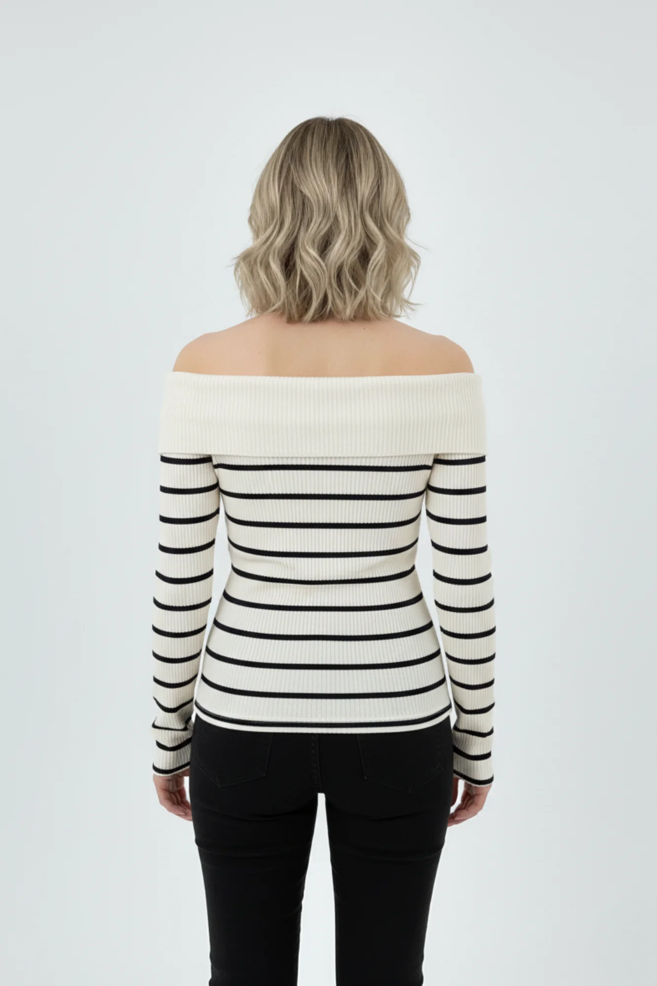 Kadın Çizgili Madonna Yaka Kaşkorse Beyaz Kazak