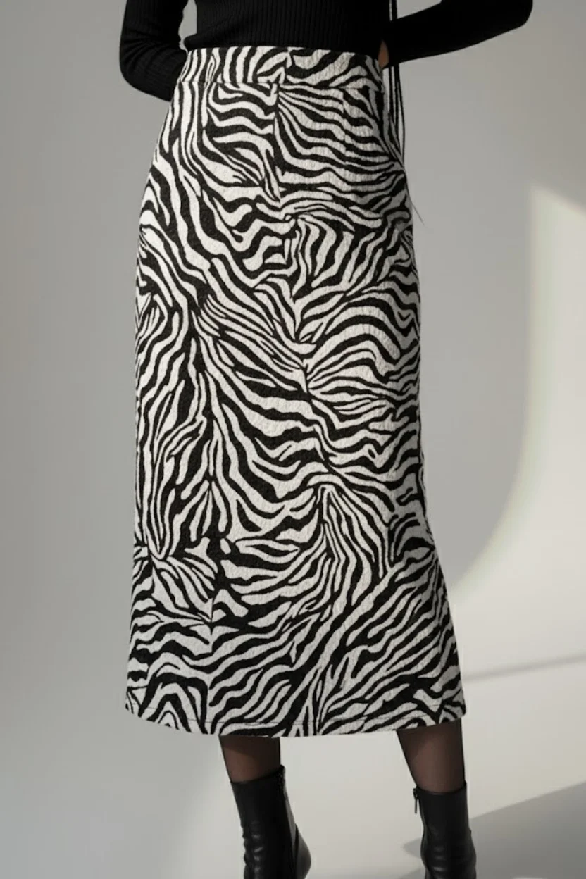 Kadın Zebra Desen Midi Boy Etek