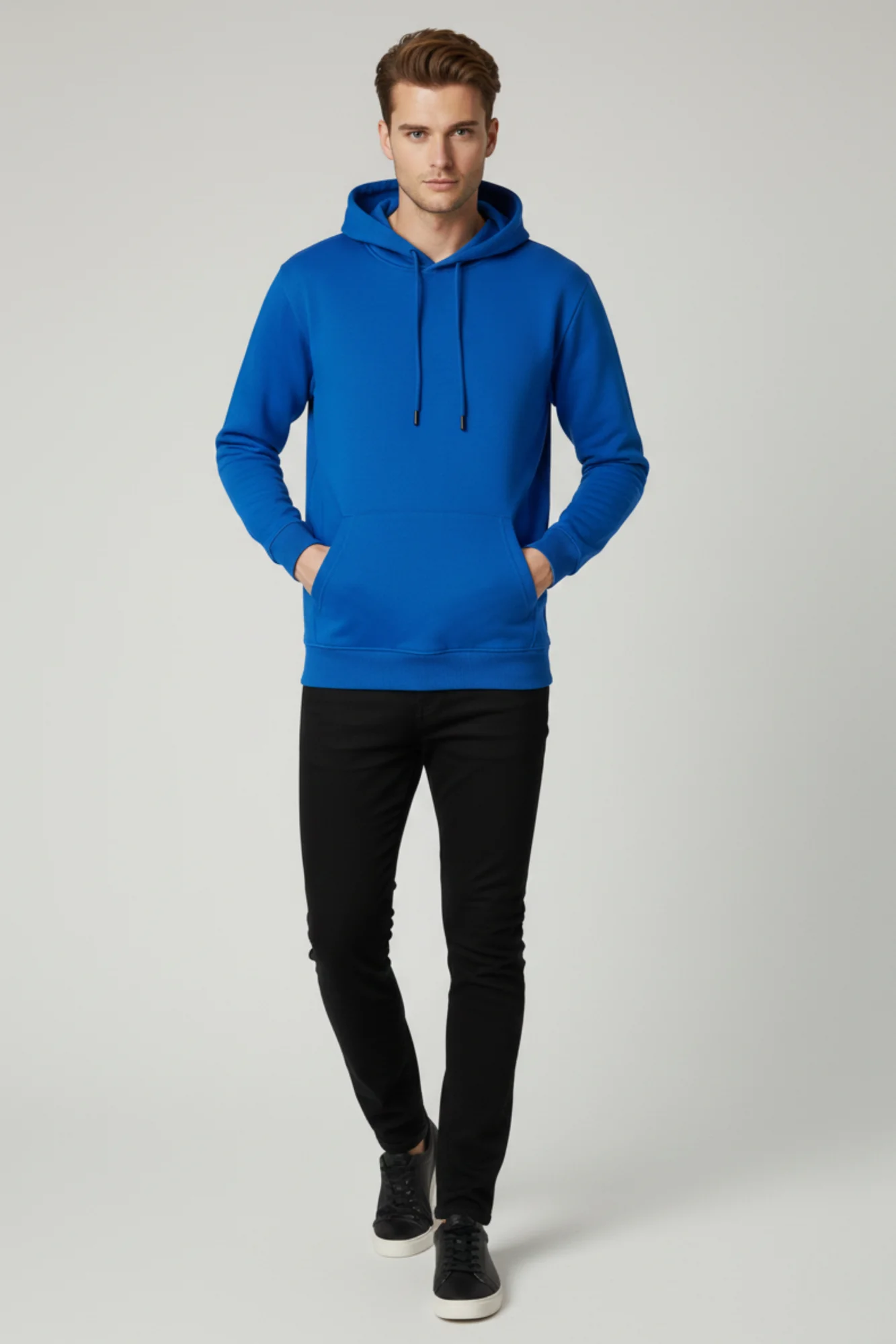 Erkek Üç İplik Kalın Mavi Kapüşonlu Sweatshirt