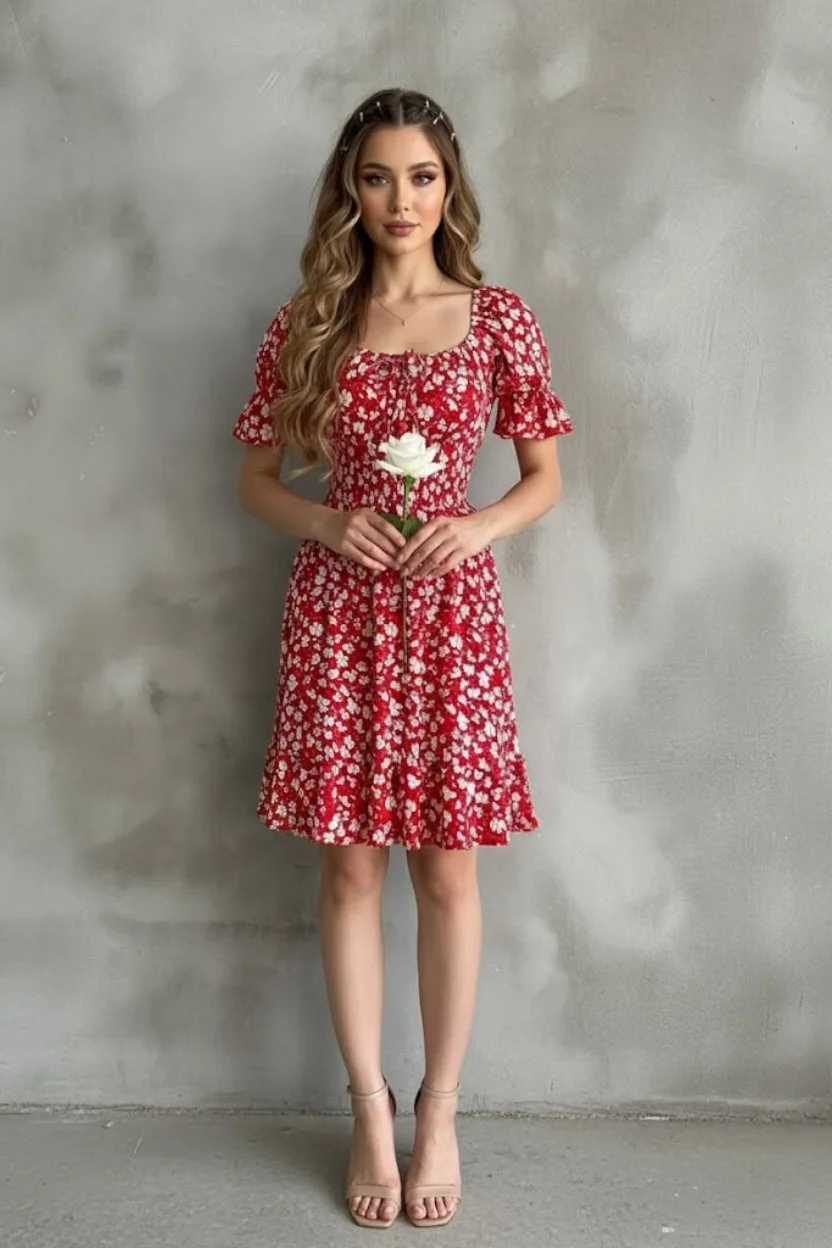 Kayık Yaka Gipeli Bürümcük Mini Elbise – Kırmızı