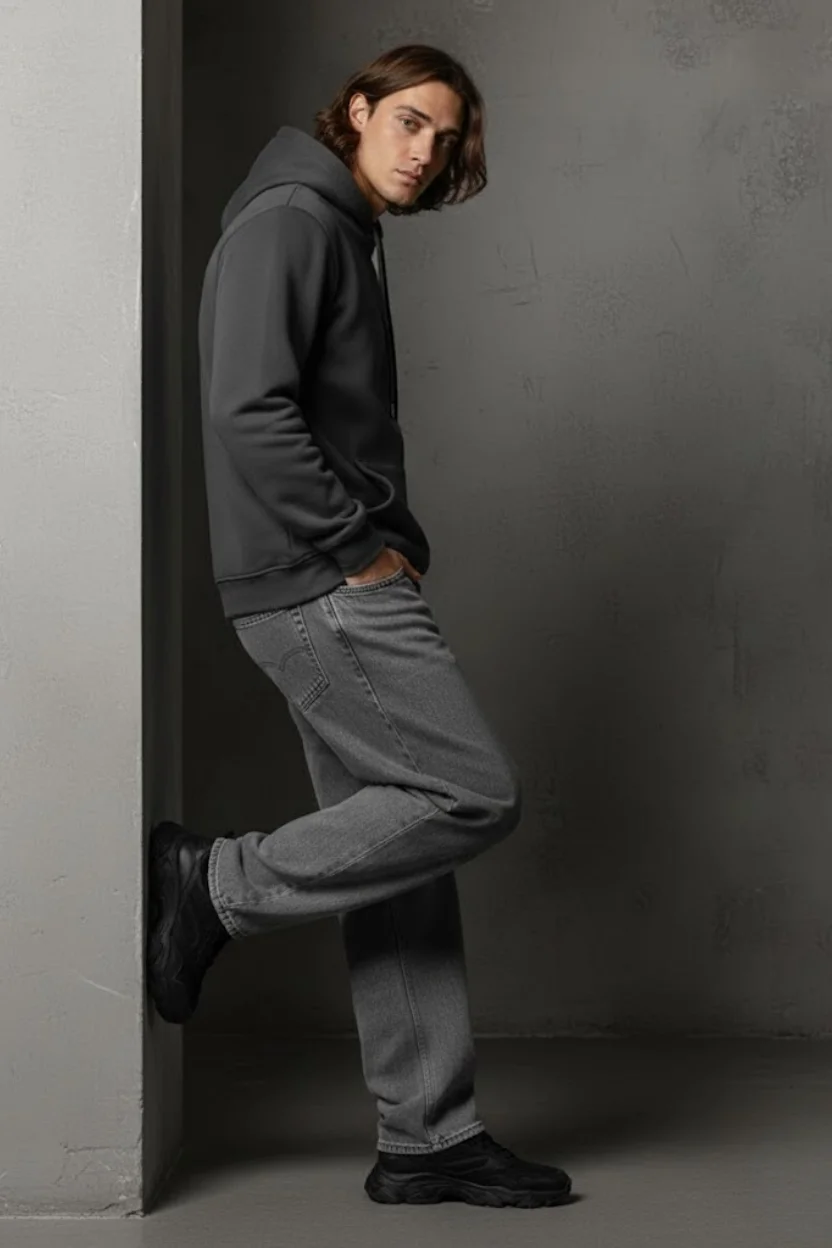 Unisex Kışlık Antrasit Gri Üç İplik Şardonlu Pamuklu Kalın Basic Kapüşonlu Hoodie Sweatshirt