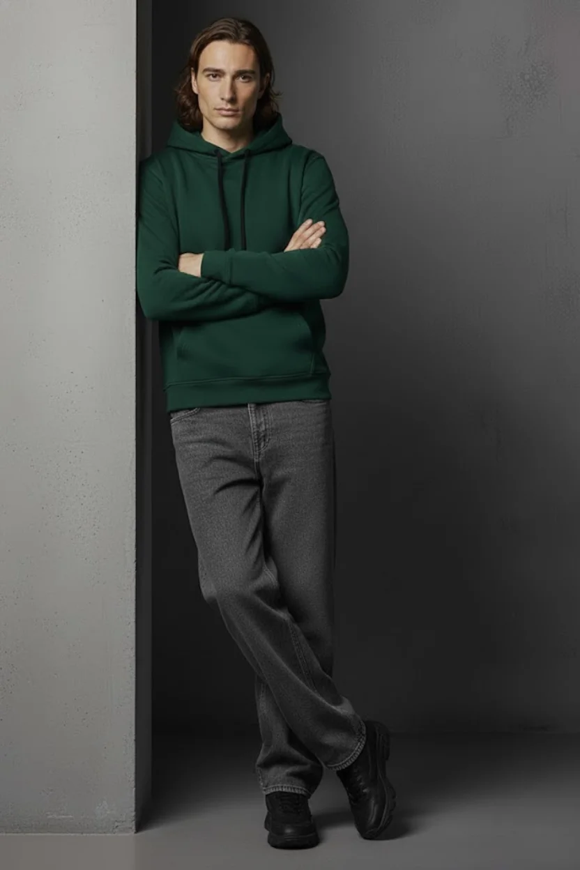 Unisex Kışlık Koyu Yeşil Üç İplik Şardonlu Pamuklu Kalın Basic Kapüşonlu Hoodie Sweatshirt