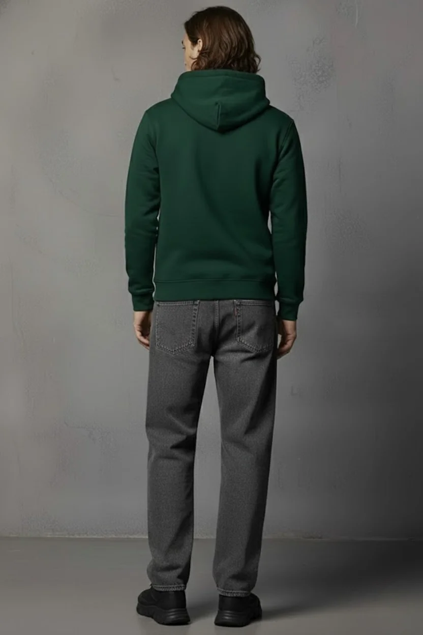 Unisex Kışlık Koyu Yeşil Üç İplik Şardonlu Pamuklu Kalın Basic Kapüşonlu Hoodie Sweatshirt