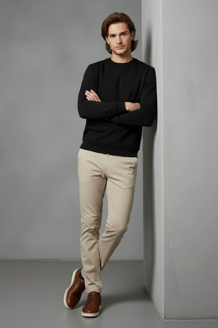 Unisex Kışlık Siyah Üç İplik Şardonlu Kalın Bisiklet Yaka Basic Sweatshirt