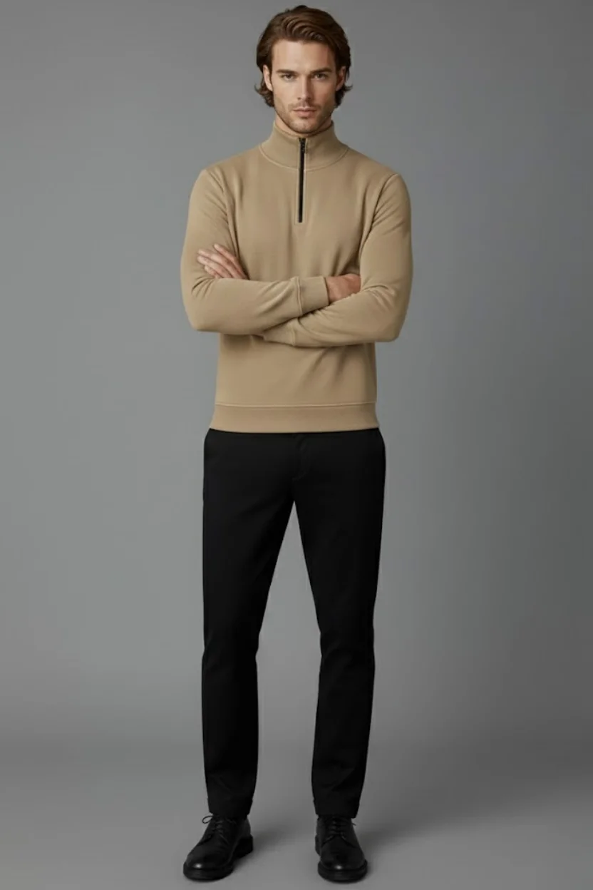 Unisex Kışlık Açık Kahve Yarım Fermuarlı Dik Yaka 2 İplik Basic Sweatshirt